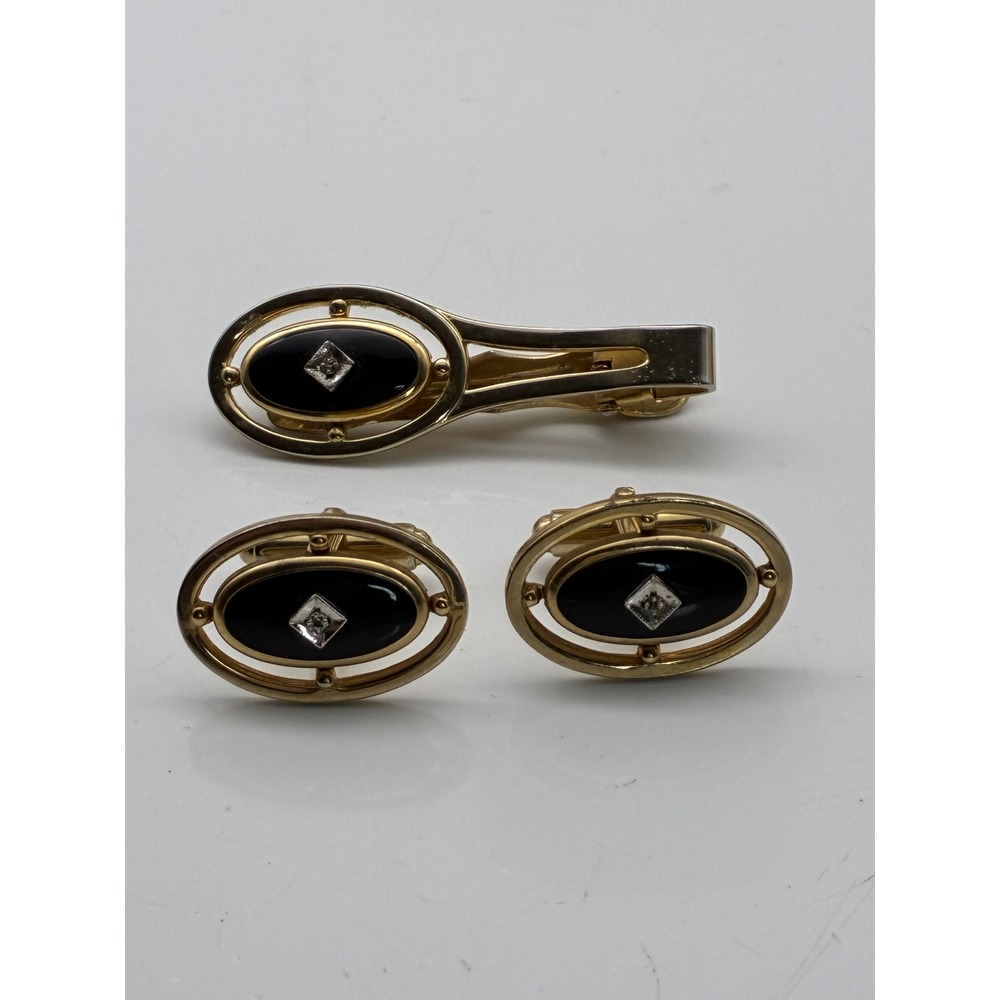 Anson Vintage Mens Gold Tone Black Enamel Crystal Tie Clip and Cufflinks Set